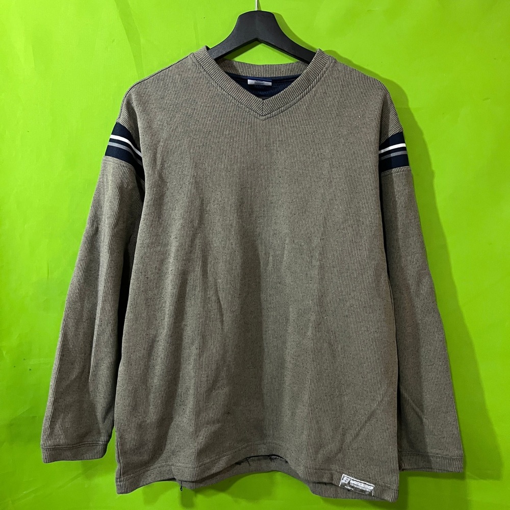 Sideout Mens Ribbed V-Neck‎ Pullover Sweater Green Striped Sleeve Size M